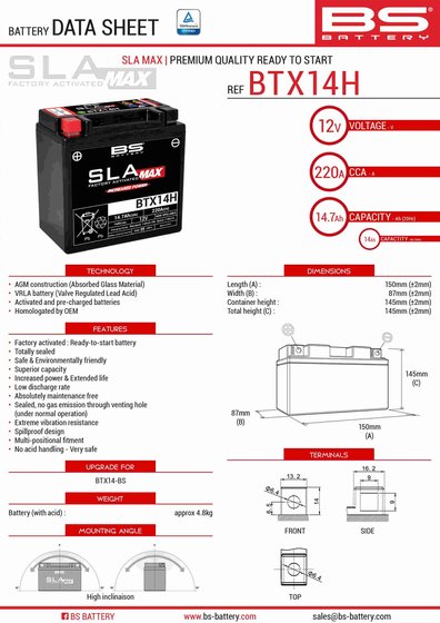 NINJA ZX 14 R (2006 - 2022) btx14h sla max battery | BS BATTERY