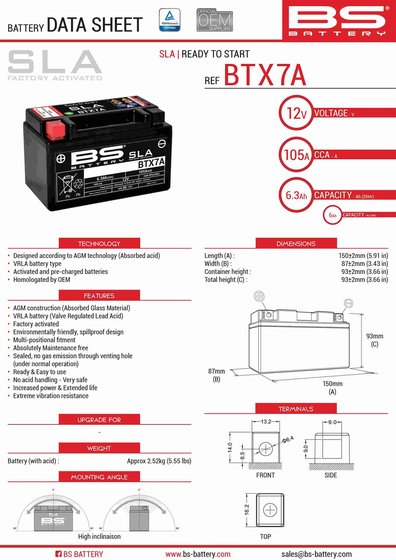 KX 250 F (2012 - 2019) btx7a sla 12v battery | BS BATTERY