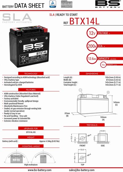 VN 800 VULCAN CLASSIC (1996 - 2003) btx14 sla 12v battery | BS BATTERY