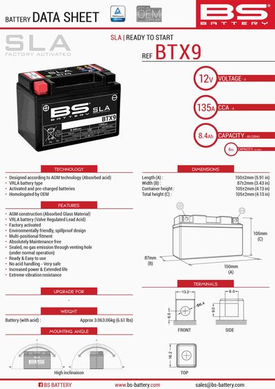 ZX 6R NINJA (1990 - 2016) btx9 sla 12v 135 a battery | BS BATTERY