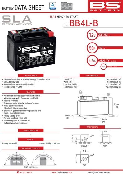 KLX 250 S (2013 - 2013) bb4l-b sla battery | BS BATTERY