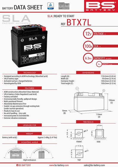 KLX 250 S (2006 - 2015) btx7l sla 12v battery | BS BATTERY