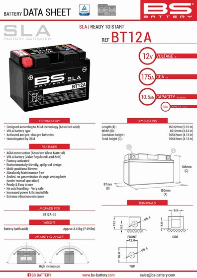 Z 1000 SX NINJA (2014 - 2016) bt12a sla 12v 175 a battery | BS BATTERY