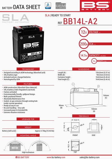 KLR 650 (1987 - 2018) 12v sla battery | BS BATTERY