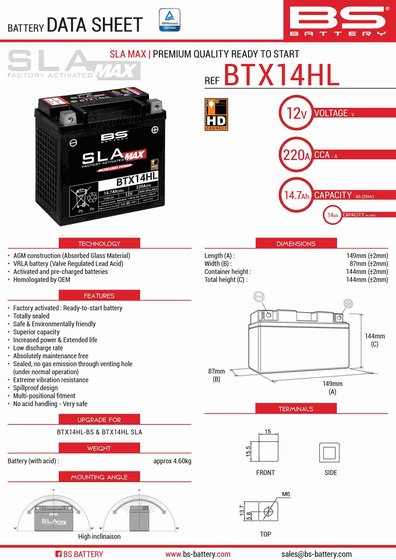 KLR 650 (1987 - 2007) btx14hl sla max battery | BS BATTERY