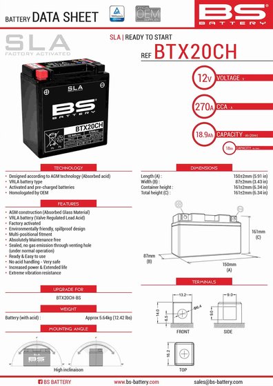 VN 1700 VULCAN VOYAGER (2009 - 2022) btx20ch sla 12v 270 a battery | BS BATTERY