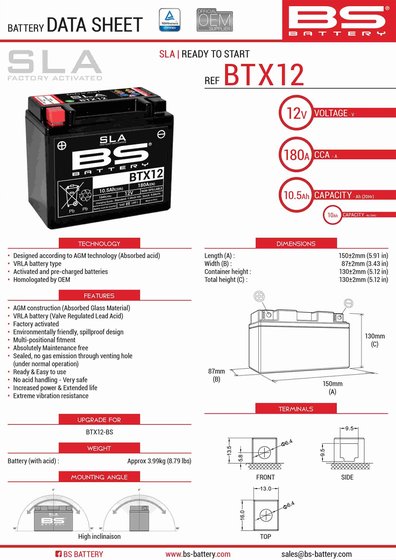 VN 900 VULCAN CLASSIC (2006 - 2022) btx12 sla battery | BS BATTERY