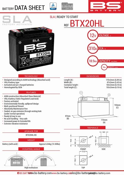 KAF 620 MULE (2001 - 2021) btx20hl sla battery | BS BATTERY