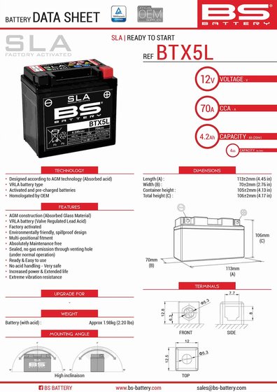 KFX 90 (2007 - 2019) btx5l/btz6s battery | BS BATTERY