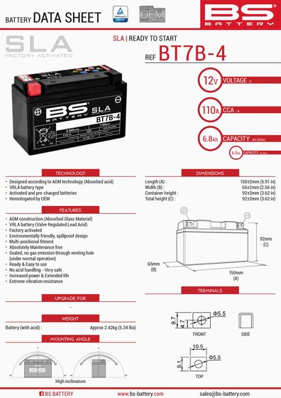 KLX 400 R (2003 - 2004) bt7b-4 sla 12v 105 a battery | BS BATTERY