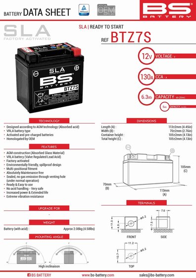 KX 450 F (2006 - 2008) btz7s sla battery | BS BATTERY