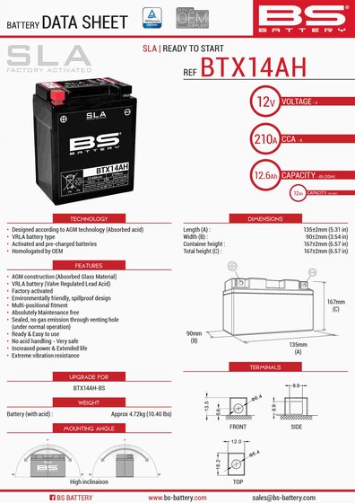 KLF 250 (2003 - 2005) btx14ah sla 12v 210 a battery | BS BATTERY