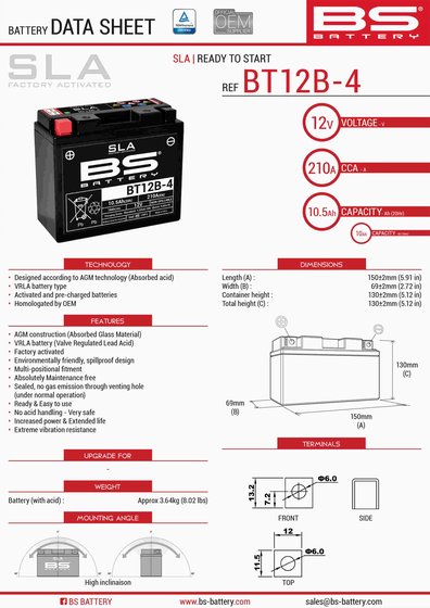 ZX 10R NINJA (2004 - 2010) bt12b-4 sla 12v 210 a akumuliatorius | BS BATTERY